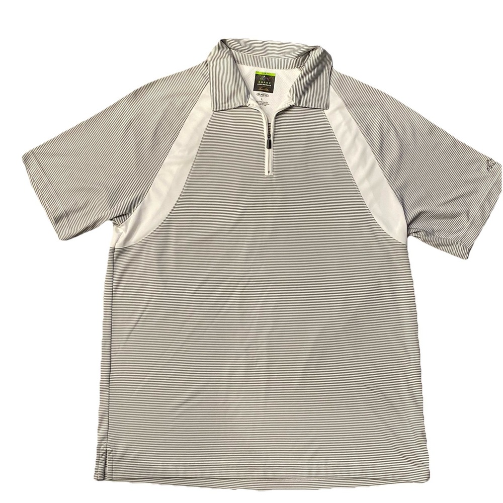 Greg Norman Men's Golf Polo Large Grey‎ White Striped Shark Tasso Elba Play-Dry